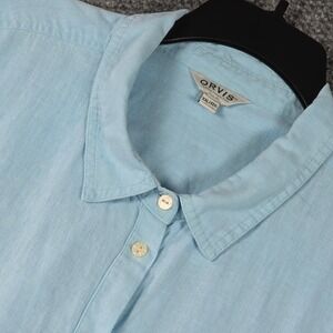Orvis Womens XXL Linen Rayon Blend Button Up Shirt Light Blue Cowl Sleeve